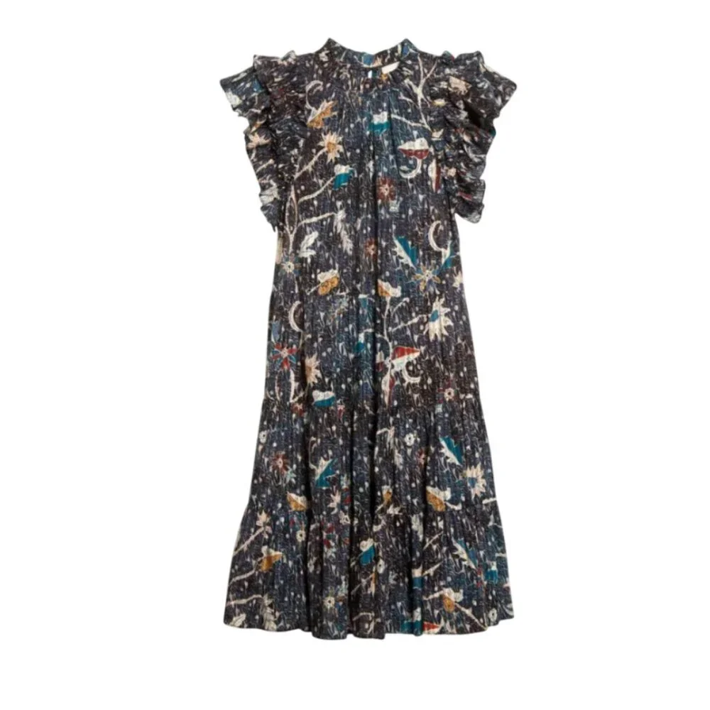 Ulla Johnson Denia Mini Dress Womens 2 Blue Cream Floral Print Flutter Sleeves - Picture 14 of 14